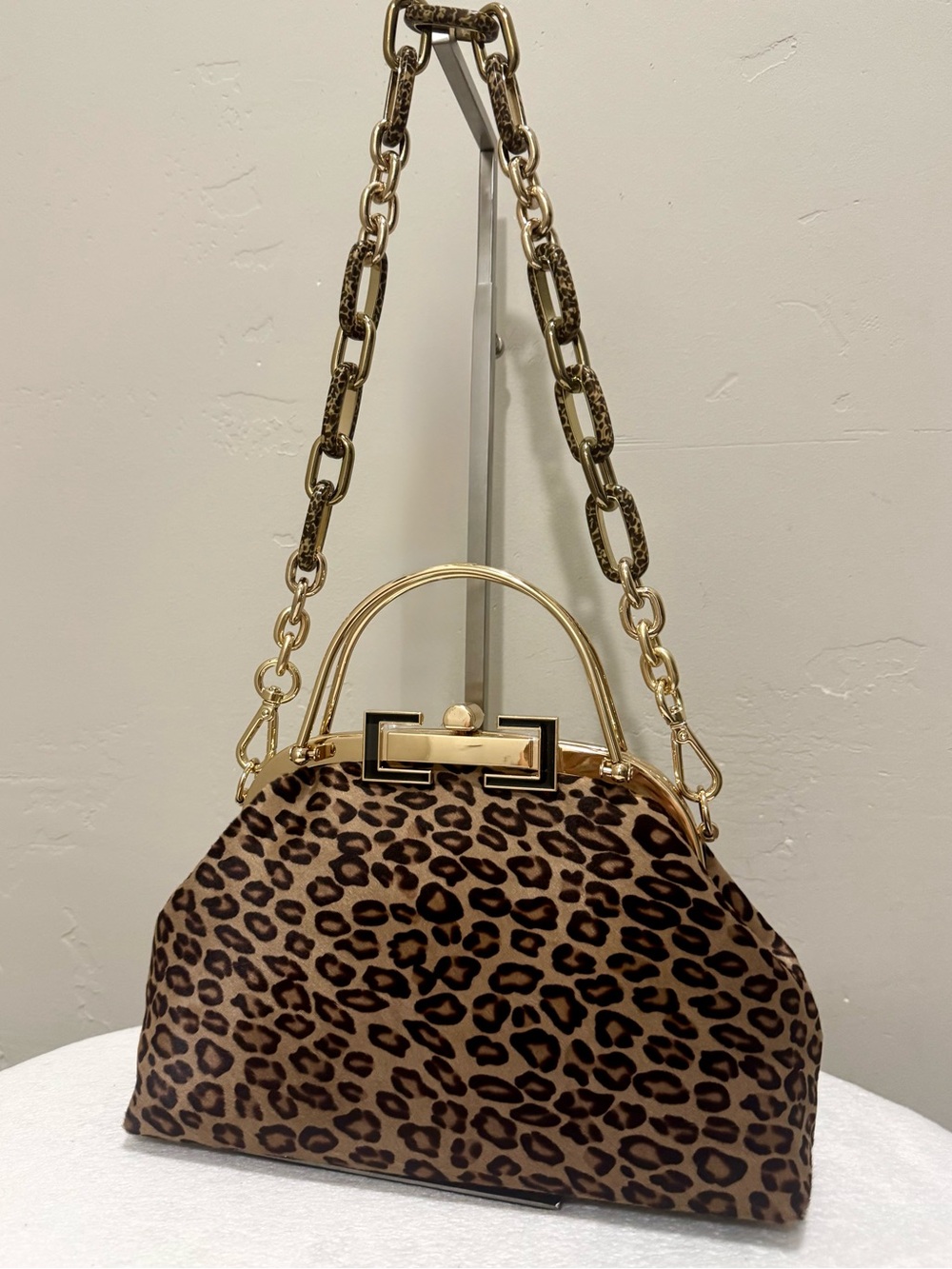 Leopard Print Handmade Real Hair-on Horsehide Top Handle, Push Lock Frame Bag